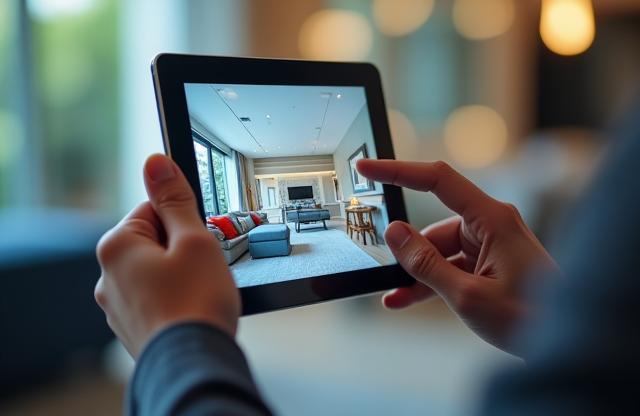 A person viewing a virtual tour on a tablet, demonstrating the interactive nature.